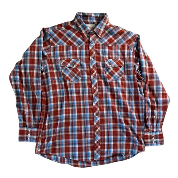 Wrangler Wrancher Pearl Snap Button Shirt Red Blue Plaid Mens Size 2XLT Western - Picture 3 of 7